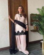 Light Pink French Crepe Thread Embroidered Kurti Set with Pant & Dupatta for Women