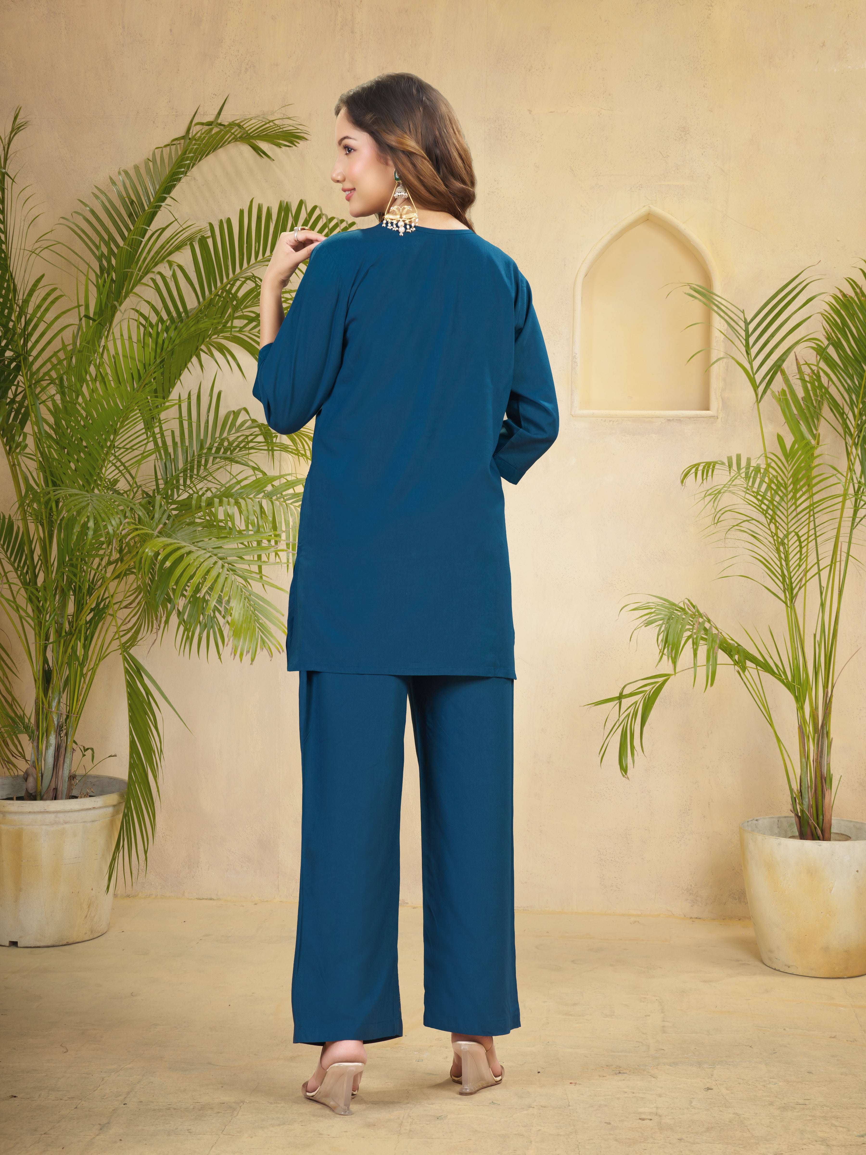 Heavy Rayon Embroidered Co-Ord Set . Hand Work Kurti & Straight Pant Set