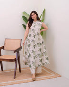 Green Cotton Floral Printed Kurta with Pant Set for Women