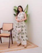 Green Cotton Floral Printed Kurta with Pant Set for Women
