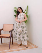 Green Cotton Floral Printed Kurta with Pant Set for Women
