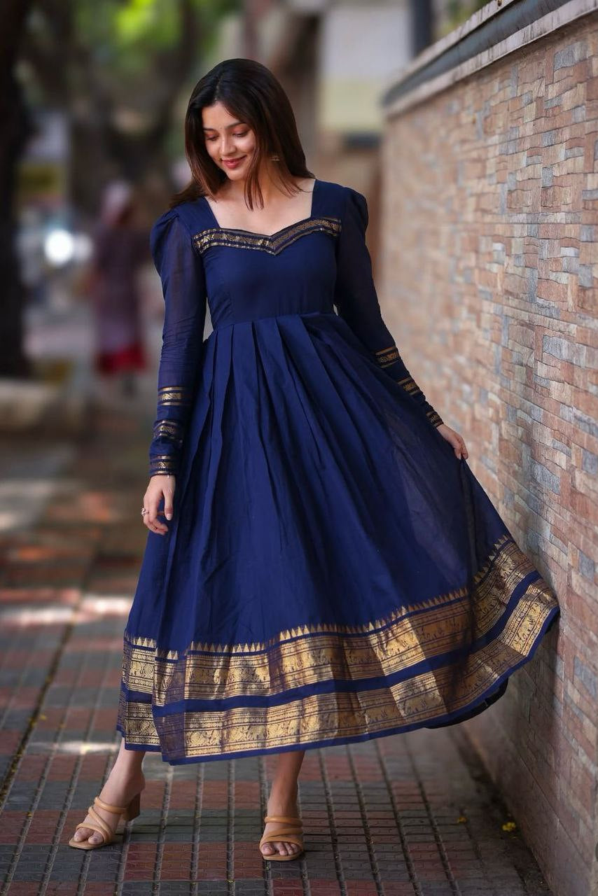 Cotton BlueBerry Maxi Gown with Jacquard Jari Work & Full Flair