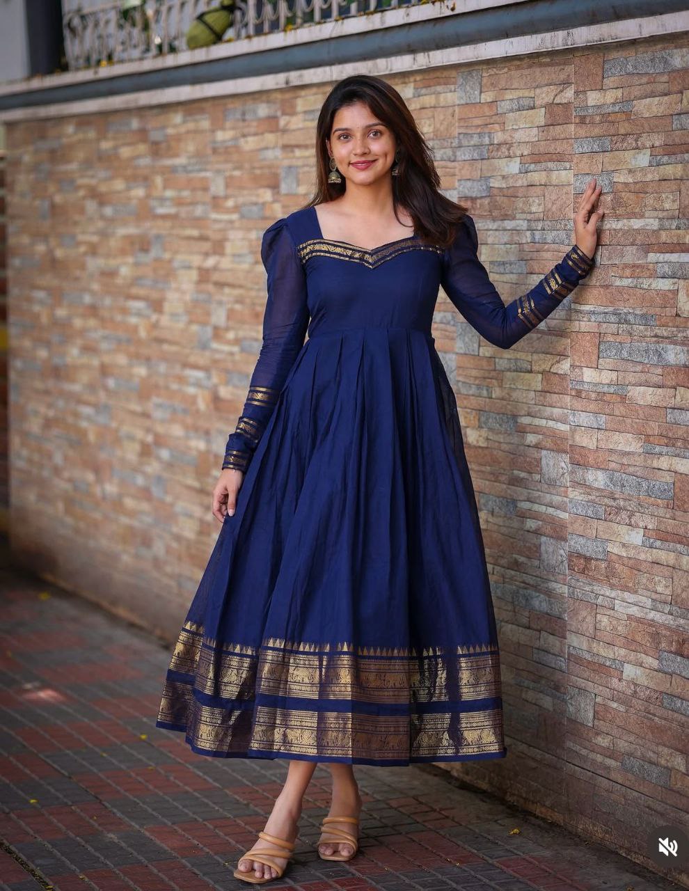 Cotton BlueBerry Maxi Gown with Jacquard Jari Work & Full Flair