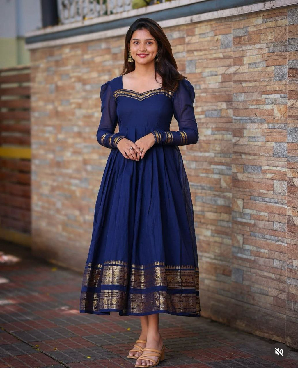 Cotton BlueBerry Maxi Gown with Jacquard Jari Work & Full Flair