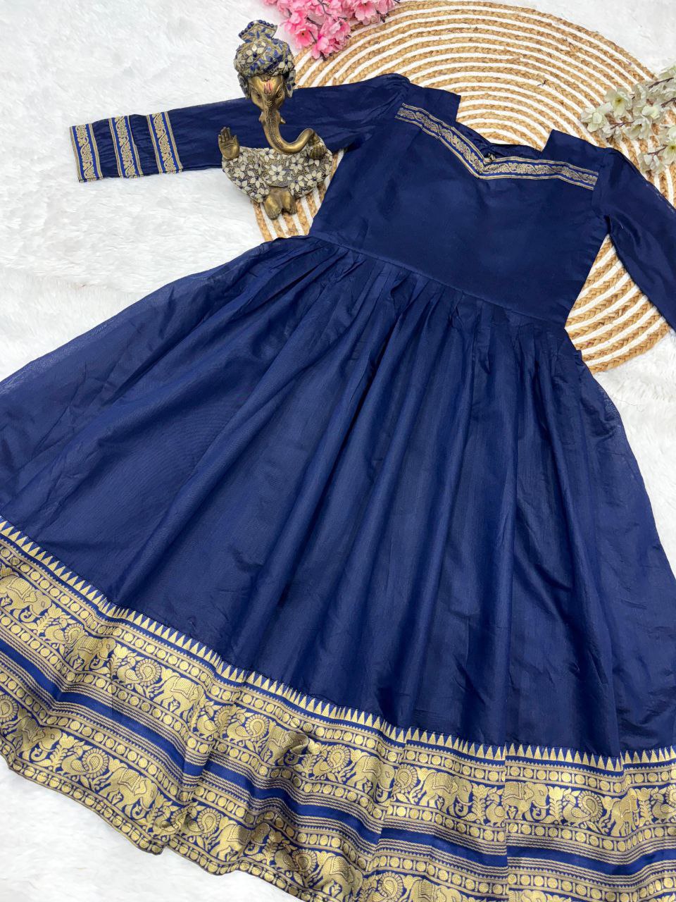 Cotton BlueBerry Maxi Gown with Jacquard Jari Work & Full Flair