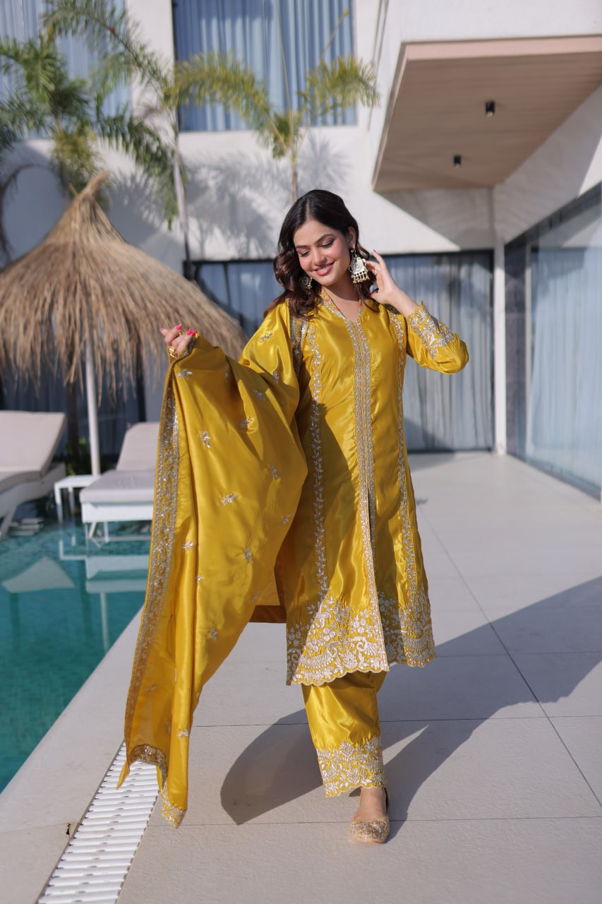 Yellow Top Pant Dupatta Set with Sequins & Zari Embroidery