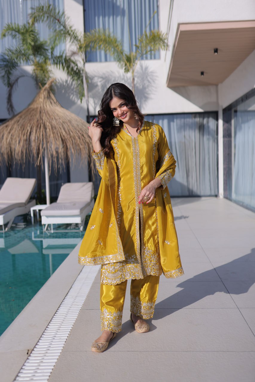 Yellow Top Pant Dupatta Set with Sequins & Zari Embroidery