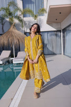 Yellow Top Pant Dupatta Set with Sequins & Zari Embroidery