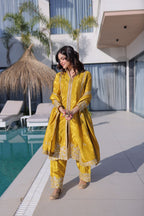 Yellow Top Pant Dupatta Set with Sequins & Zari Embroidery