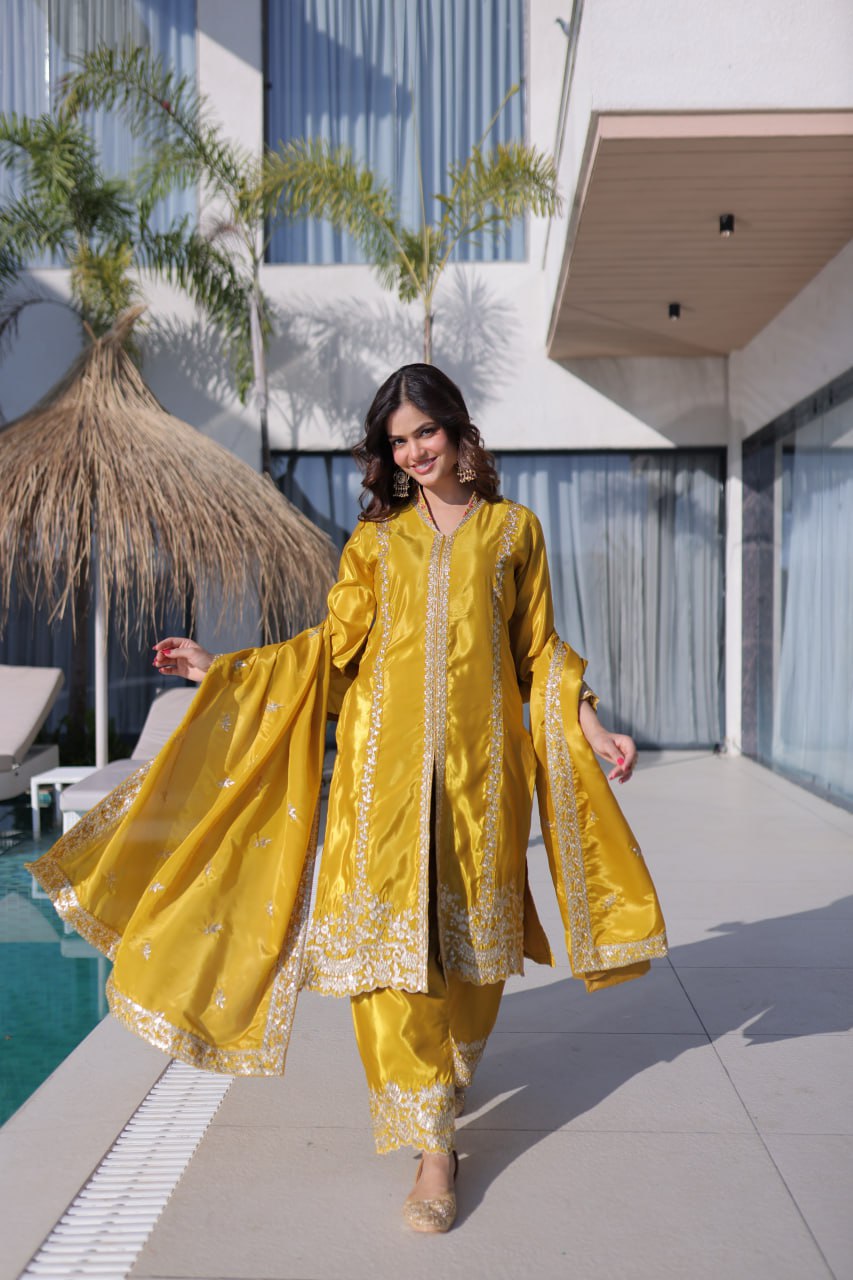 Yellow Top Pant Dupatta Set with Sequins & Zari Embroidery