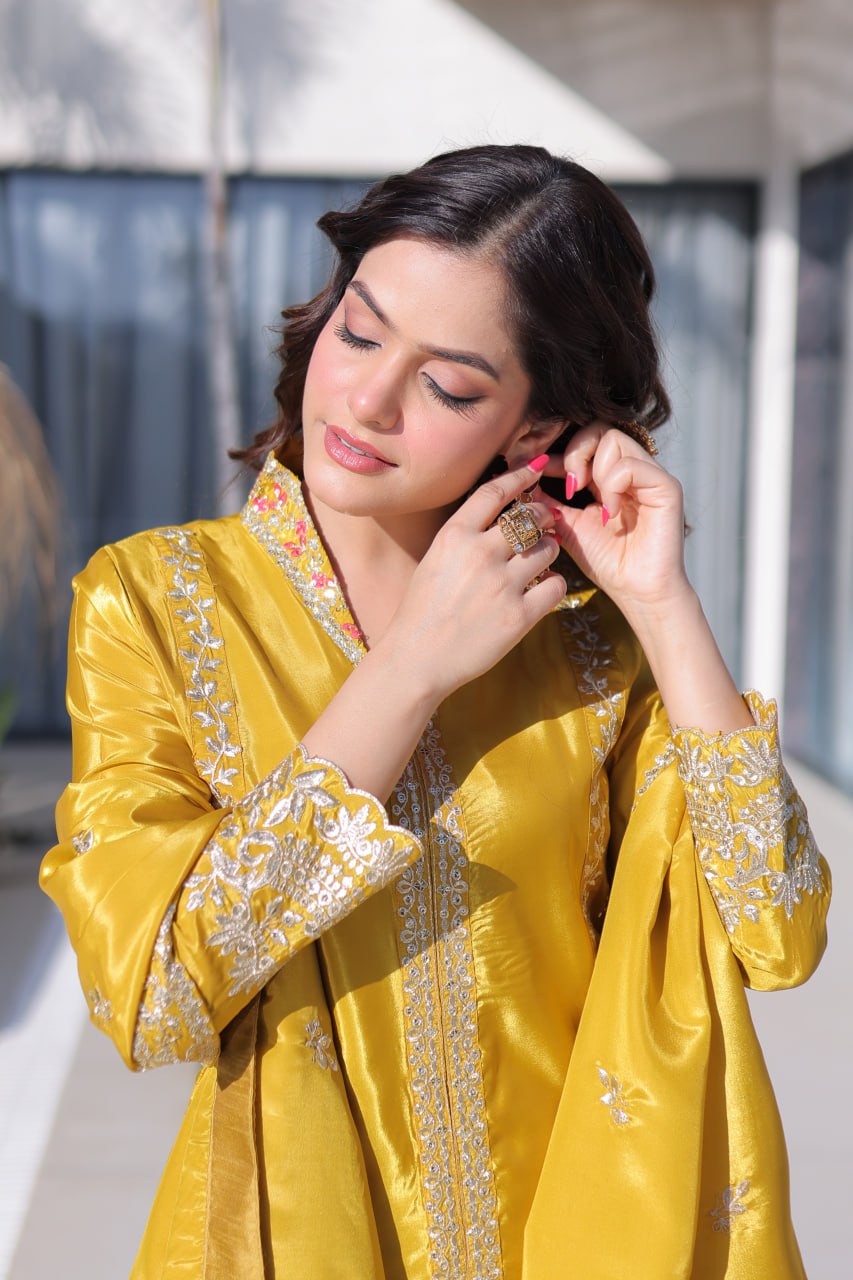 Yellow Top Pant Dupatta Set with Sequins & Zari Embroidery