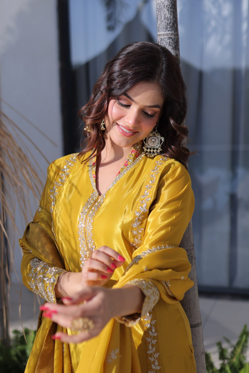 Yellow Top Pant Dupatta Set with Sequins & Zari Embroidery