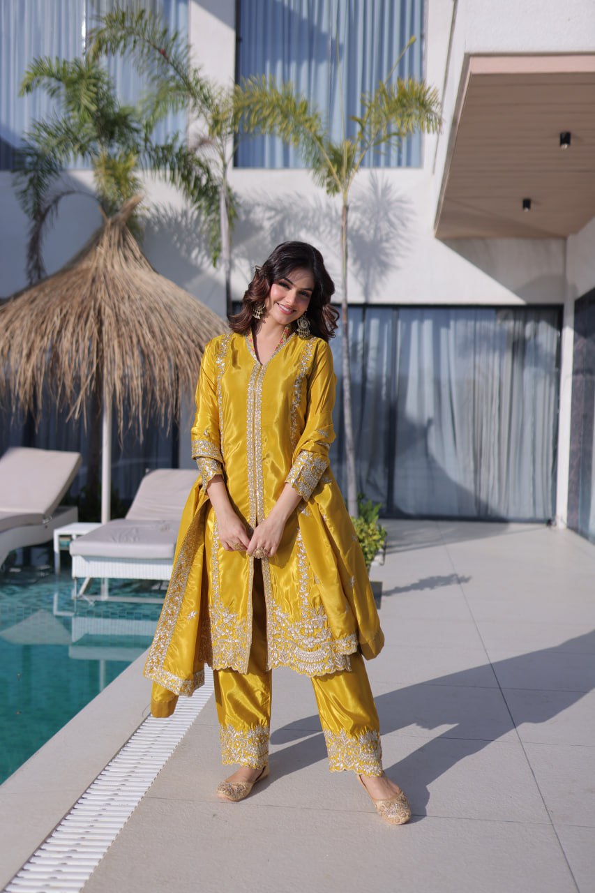 Yellow Top Pant Dupatta Set with Sequins & Zari Embroidery