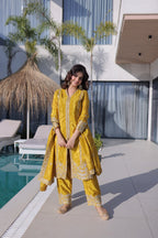 Yellow Top Pant Dupatta Set with Sequins & Zari Embroidery
