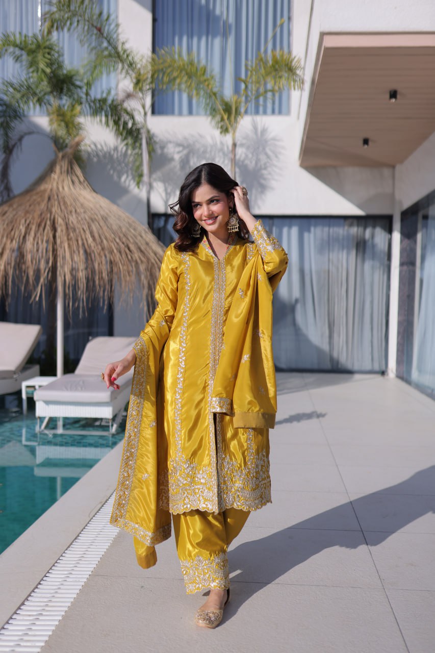 Yellow Top Pant Dupatta Set with Sequins & Zari Embroidery