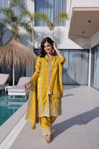Yellow Top Pant Dupatta Set with Sequins & Zari Embroidery