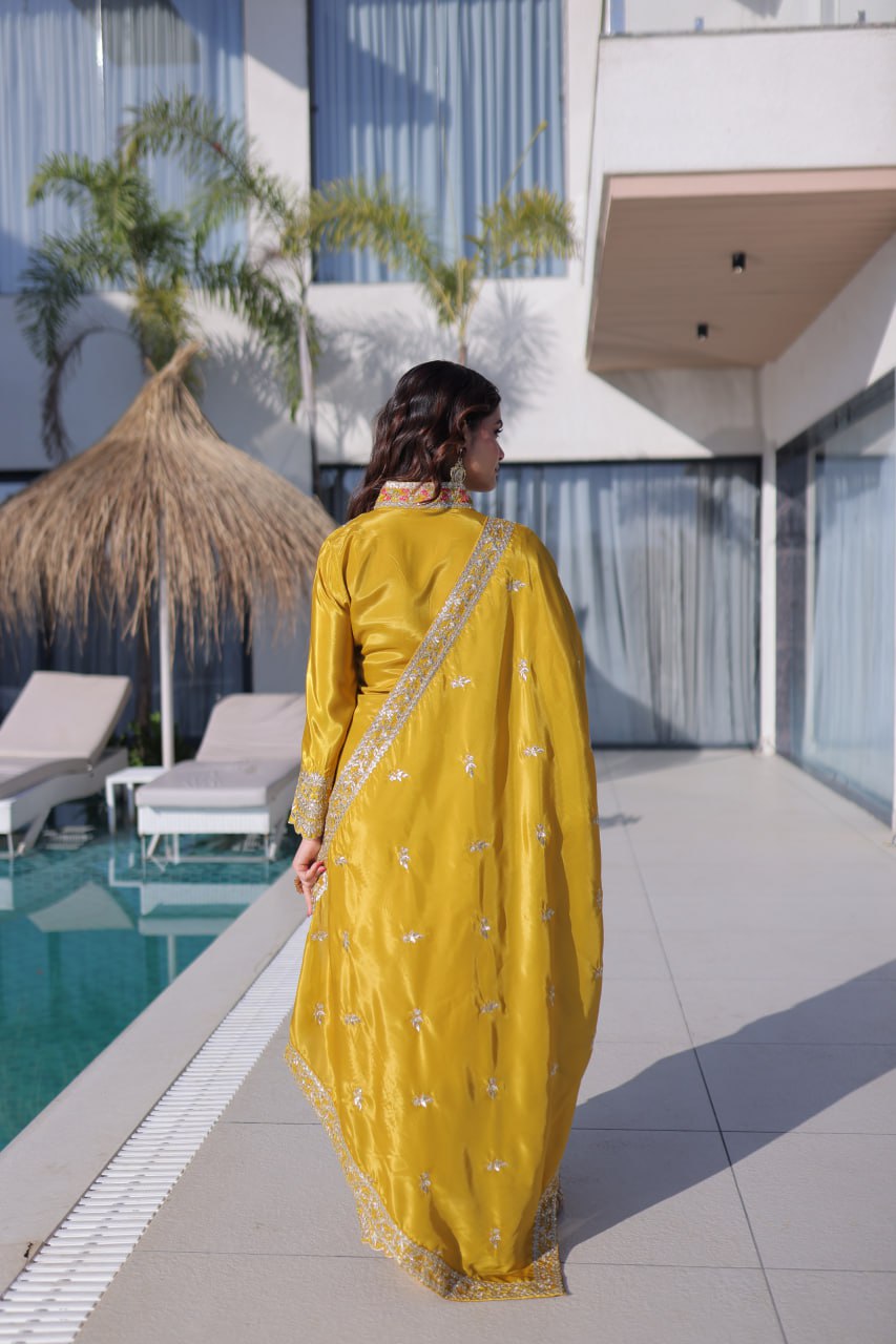 Yellow Top Pant Dupatta Set with Sequins & Zari Embroidery
