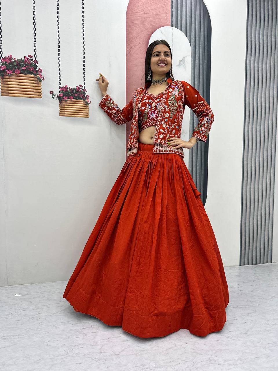 Vichitra Silk Crop Top Lehenga with Jacket  Set