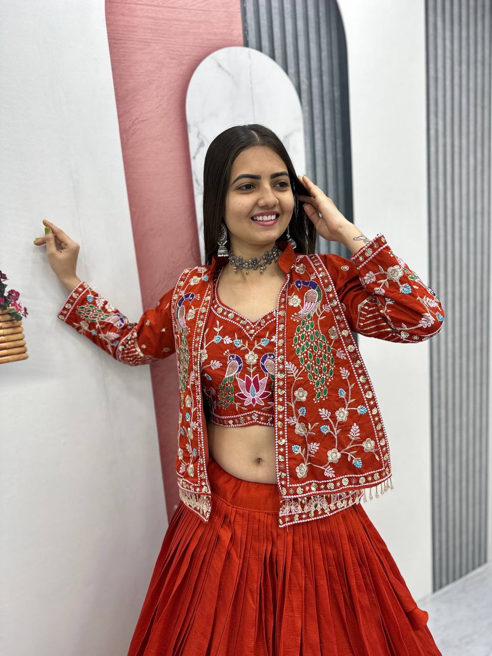 Vichitra Silk Crop Top Lehenga with Jacket  Set
