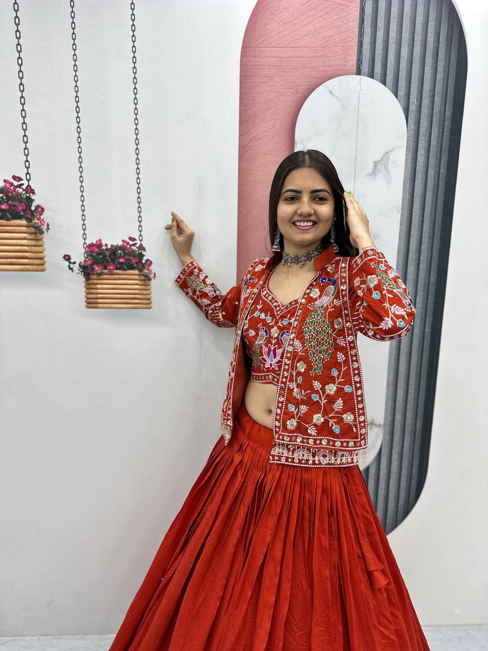 Vichitra Silk Crop Top Lehenga with Jacket  Set