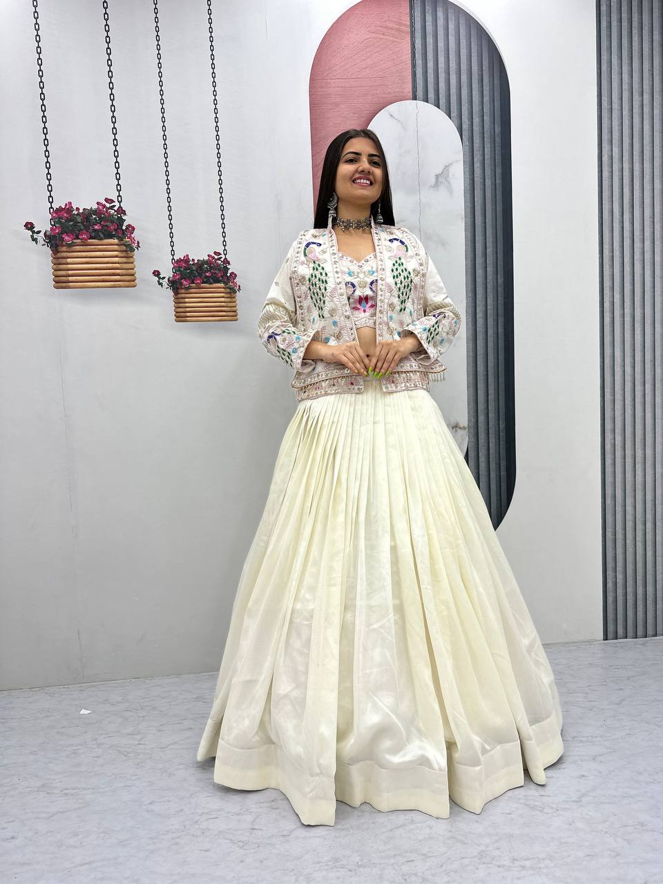 Vichitra Silk Crop Top Lehenga with Jacket  Set
