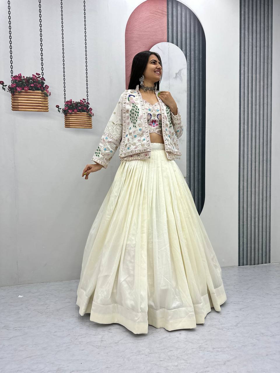 Vichitra Silk Crop Top Lehenga with Jacket  Set
