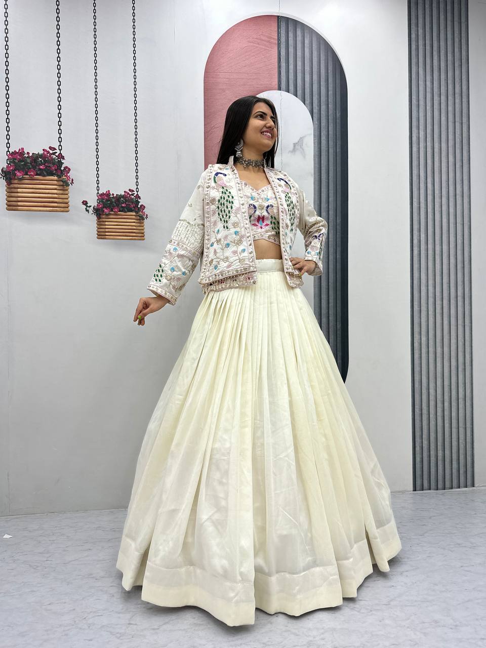 Vichitra Silk Crop Top Lehenga with Jacket  Set