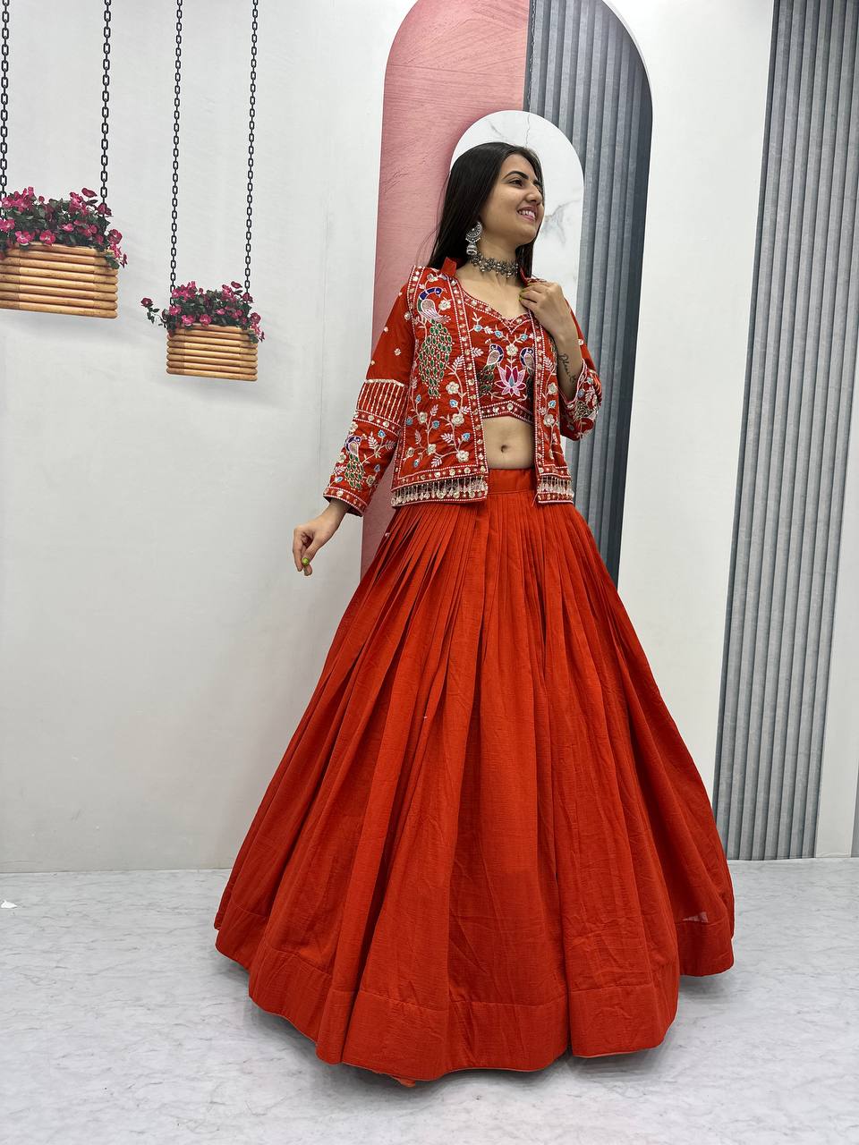 Vichitra Silk Crop Top Lehenga with Jacket  Set