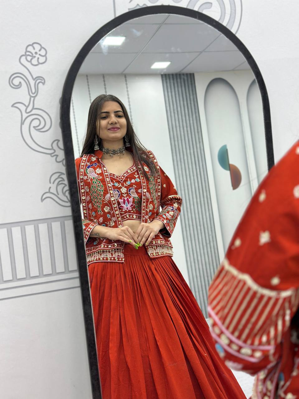 Vichitra Silk Crop Top Lehenga with Jacket  Set