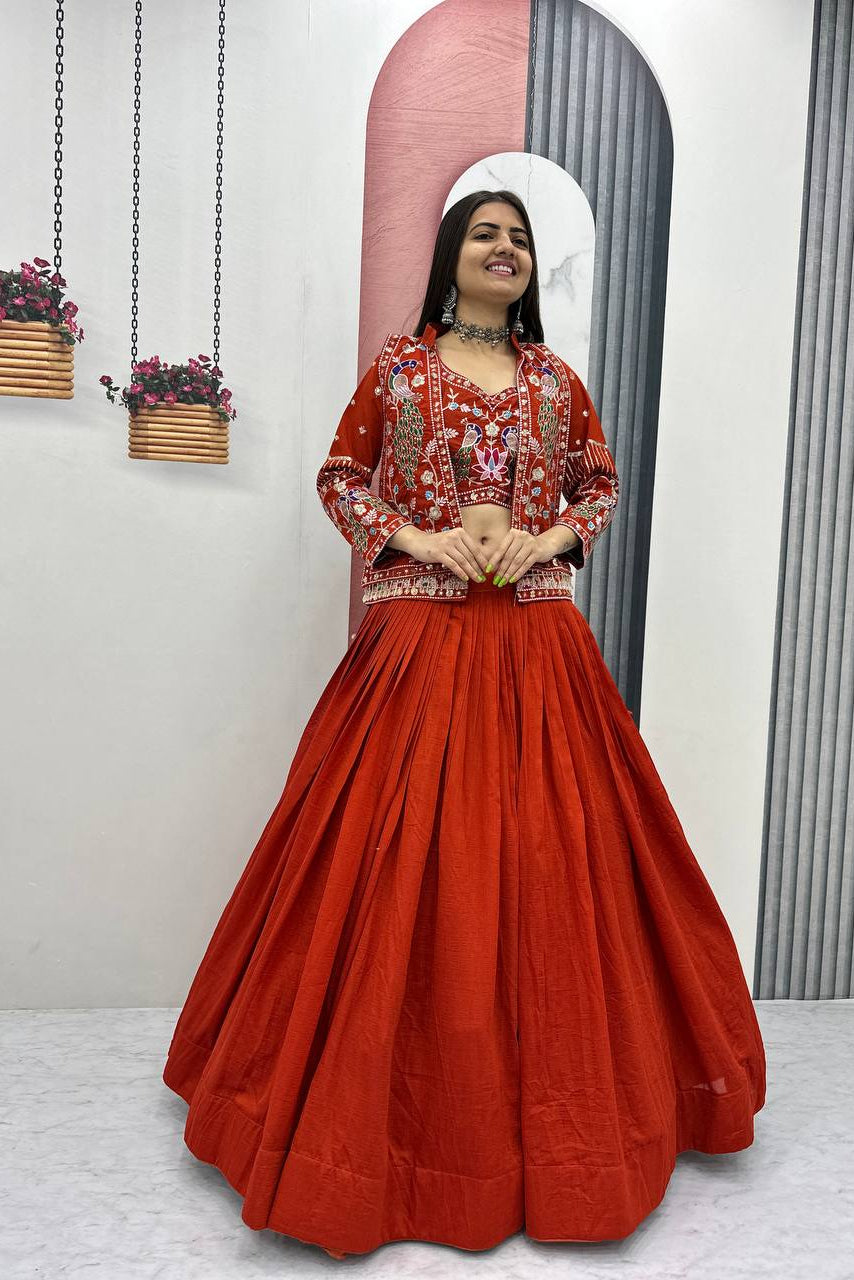 Vichitra Silk Crop Top Lehenga with Jacket  Set