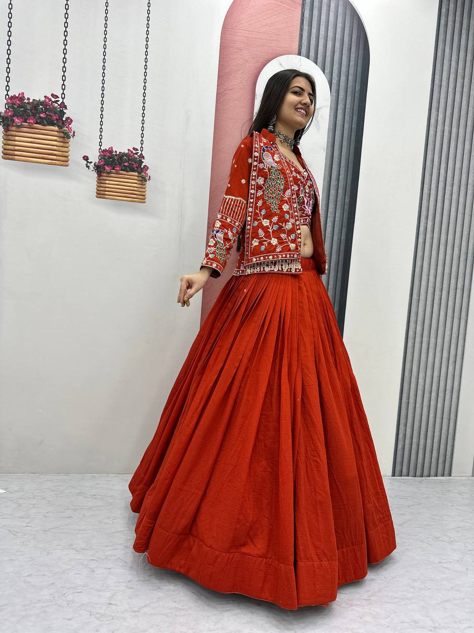 Vichitra Silk Crop Top Lehenga with Jacket  Set
