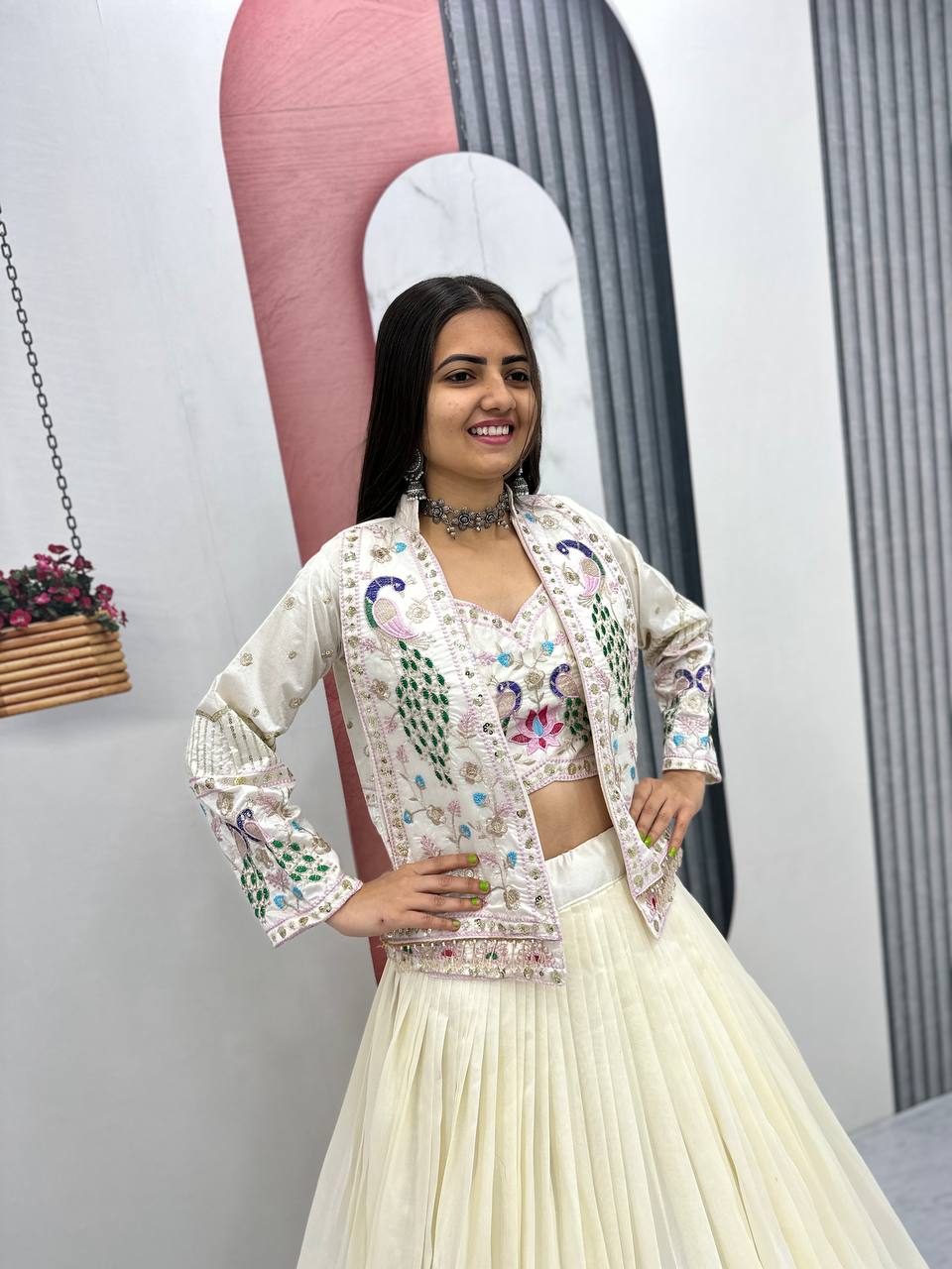 Vichitra Silk Crop Top Lehenga with Jacket  Set