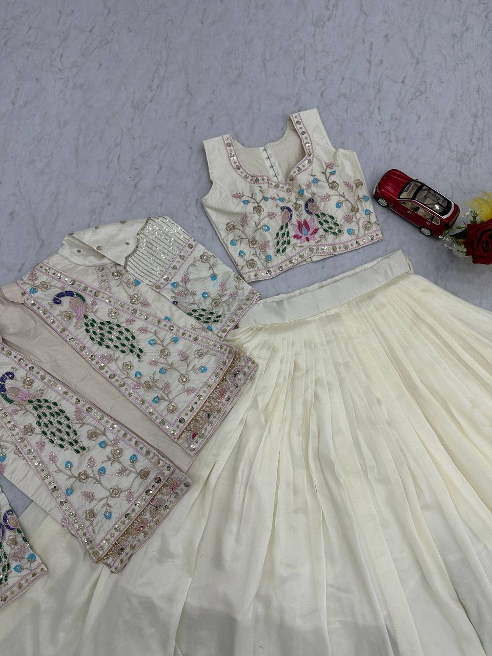 Vichitra Silk Crop Top Lehenga with Jacket  Set