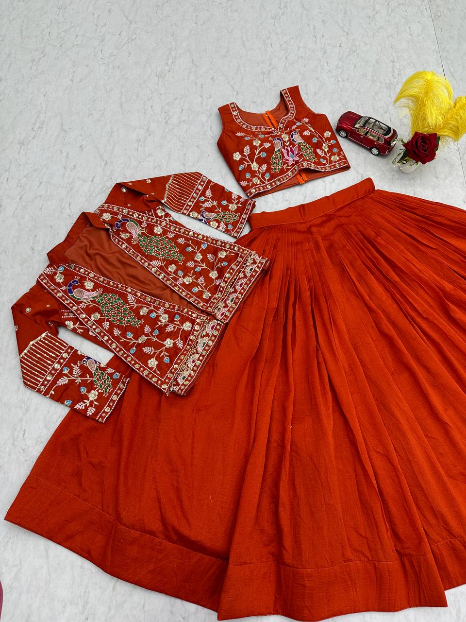 Vichitra Silk Crop Top Lehenga with Jacket  Set