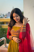 Luxury Vichitra Silk Designer Kurti Set – Trendy Traditional Outfit with Net Dupatta.