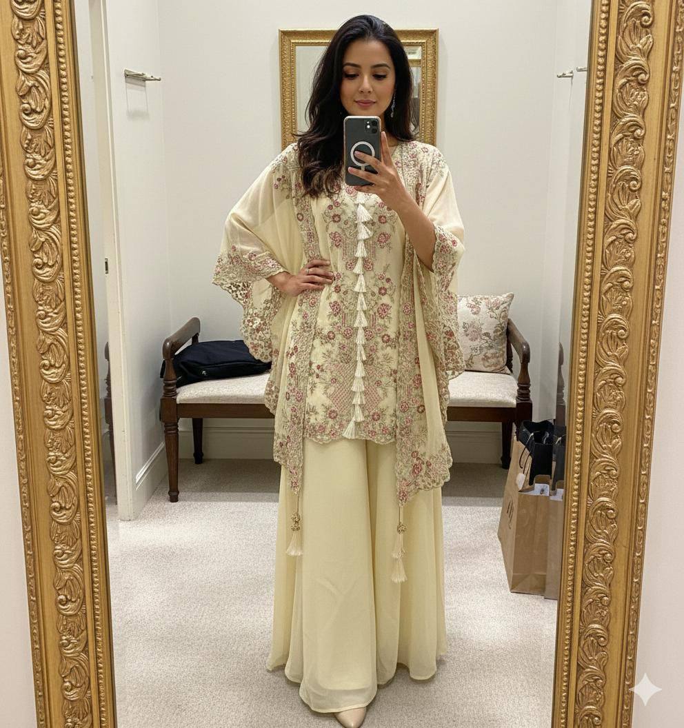 KURTA PLAZZO PAIR WITH SHRUGE IN SEQUENCE EMBROIDERY WORK