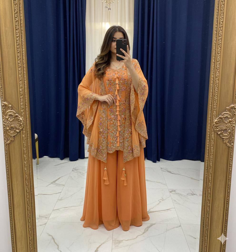 KURTA PLAZZO PAIR WITH SHRUGE IN SEQUENCE EMBROIDERY WORK