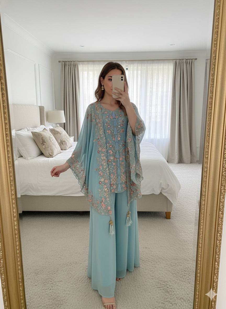 KURTA PLAZZO PAIR WITH SHRUGE IN SEQUENCE EMBROIDERY WORK
