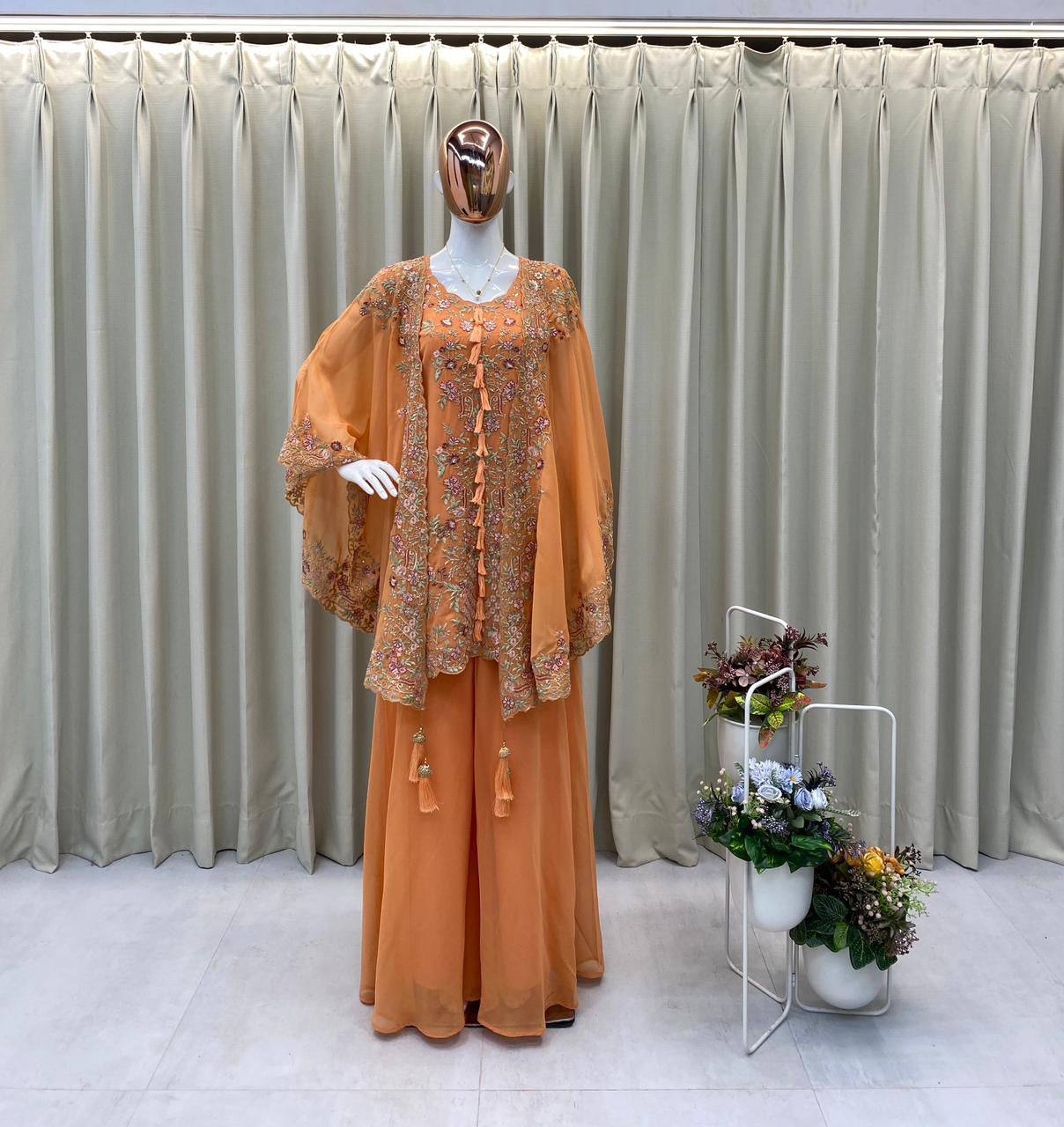 KURTA PLAZZO PAIR WITH SHRUGE IN SEQUENCE EMBROIDERY WORK