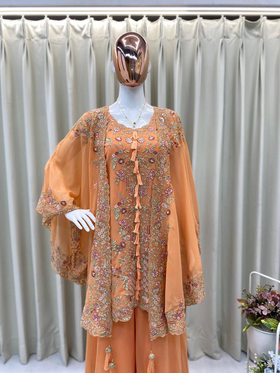KURTA PLAZZO PAIR WITH SHRUGE IN SEQUENCE EMBROIDERY WORK