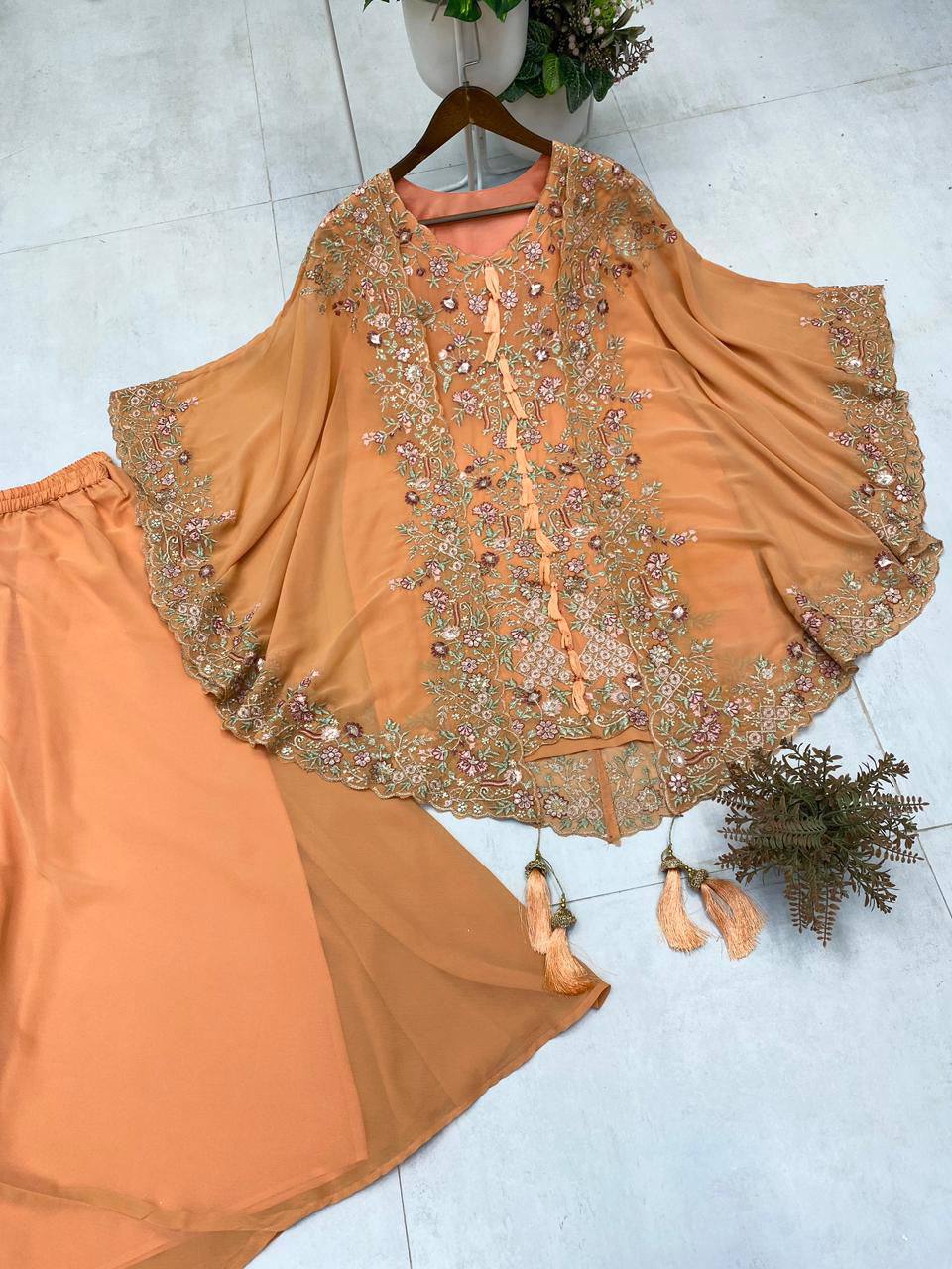 KURTA PLAZZO PAIR WITH SHRUGE IN SEQUENCE EMBROIDERY WORK