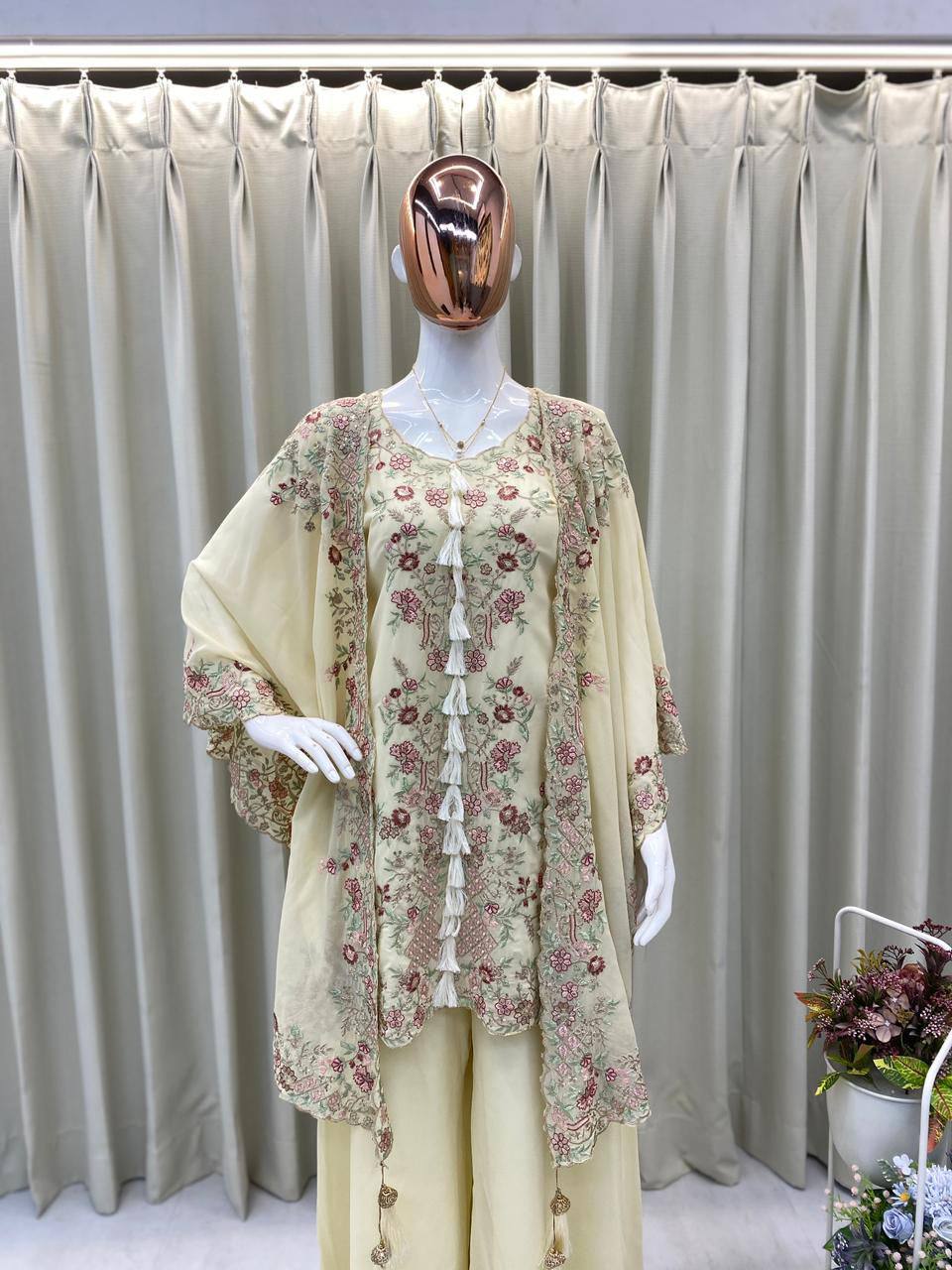 KURTA PLAZZO PAIR WITH SHRUGE IN SEQUENCE EMBROIDERY WORK