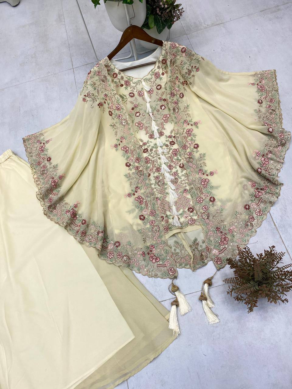 KURTA PLAZZO PAIR WITH SHRUGE IN SEQUENCE EMBROIDERY WORK
