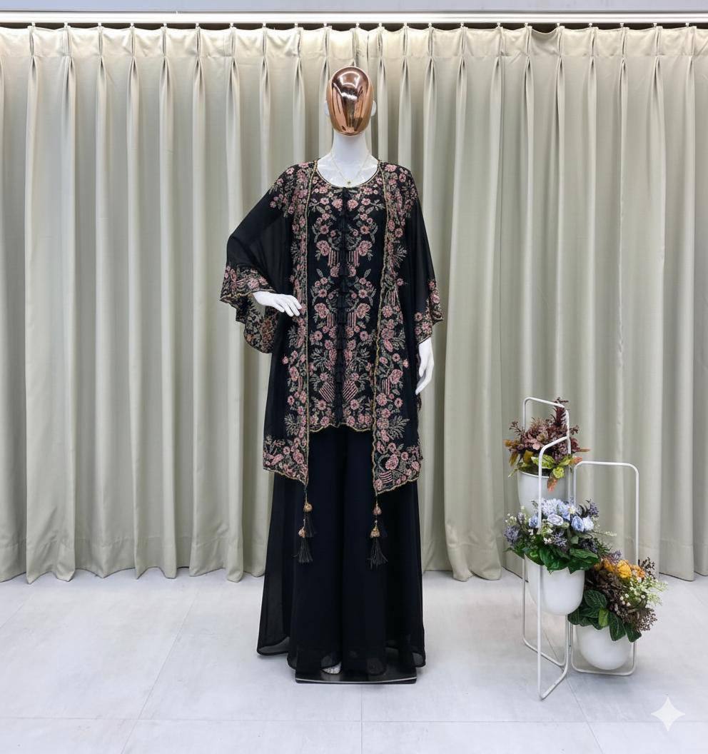 KURTA PLAZZO PAIR WITH SHRUGE IN SEQUENCE EMBROIDERY WORK