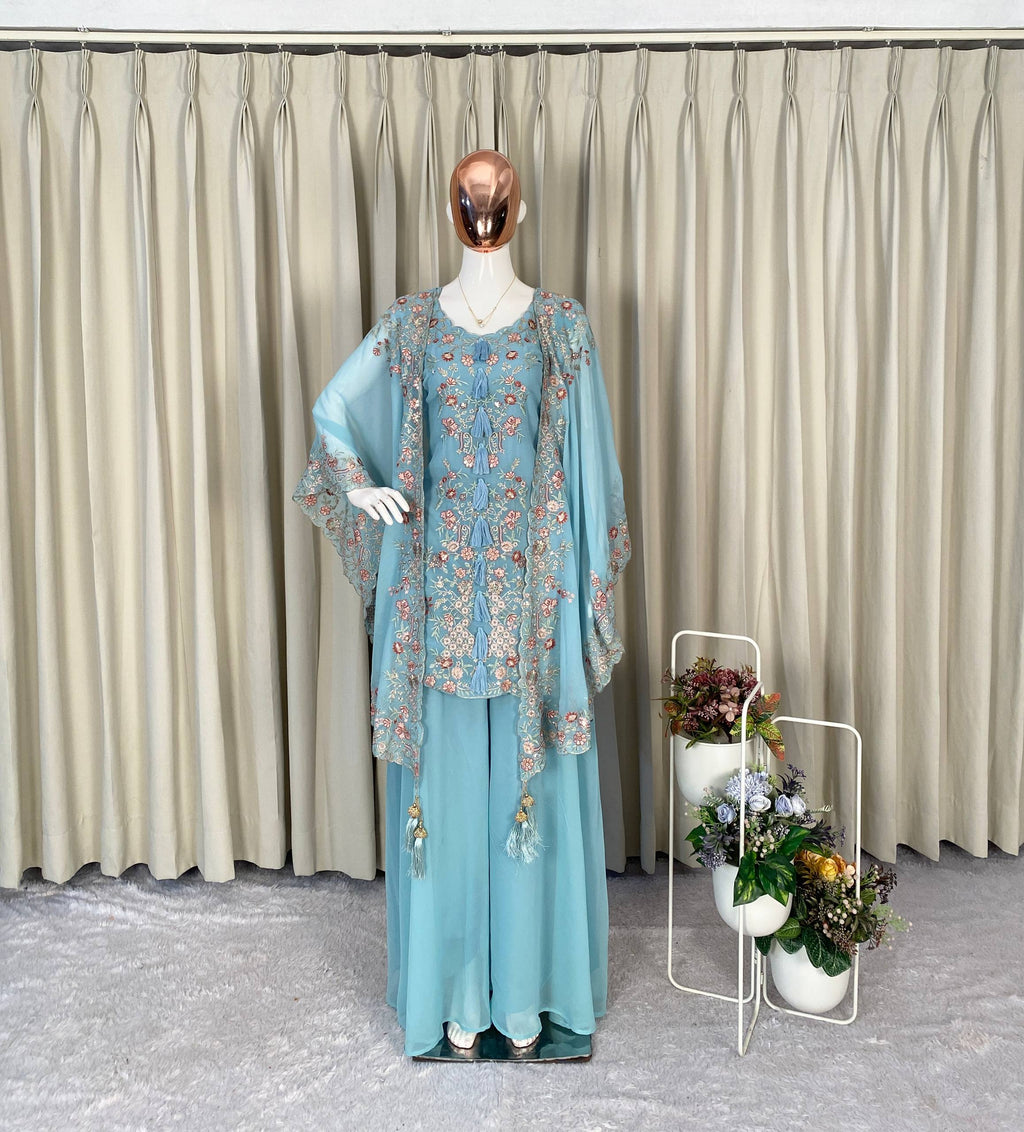 KURTA PLAZZO PAIR WITH SHRUGE IN SEQUENCE EMBROIDERY WORK