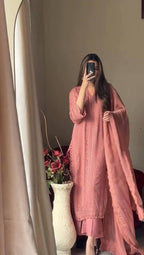 Pink Chinon Thread Embroidered Kurti Set with Pant & Dupatta for Women