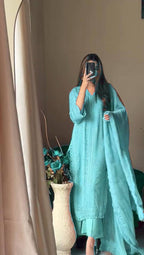 Blue Chinon Thread Embroidered Kurti Set with Pant & Dupatta for Women