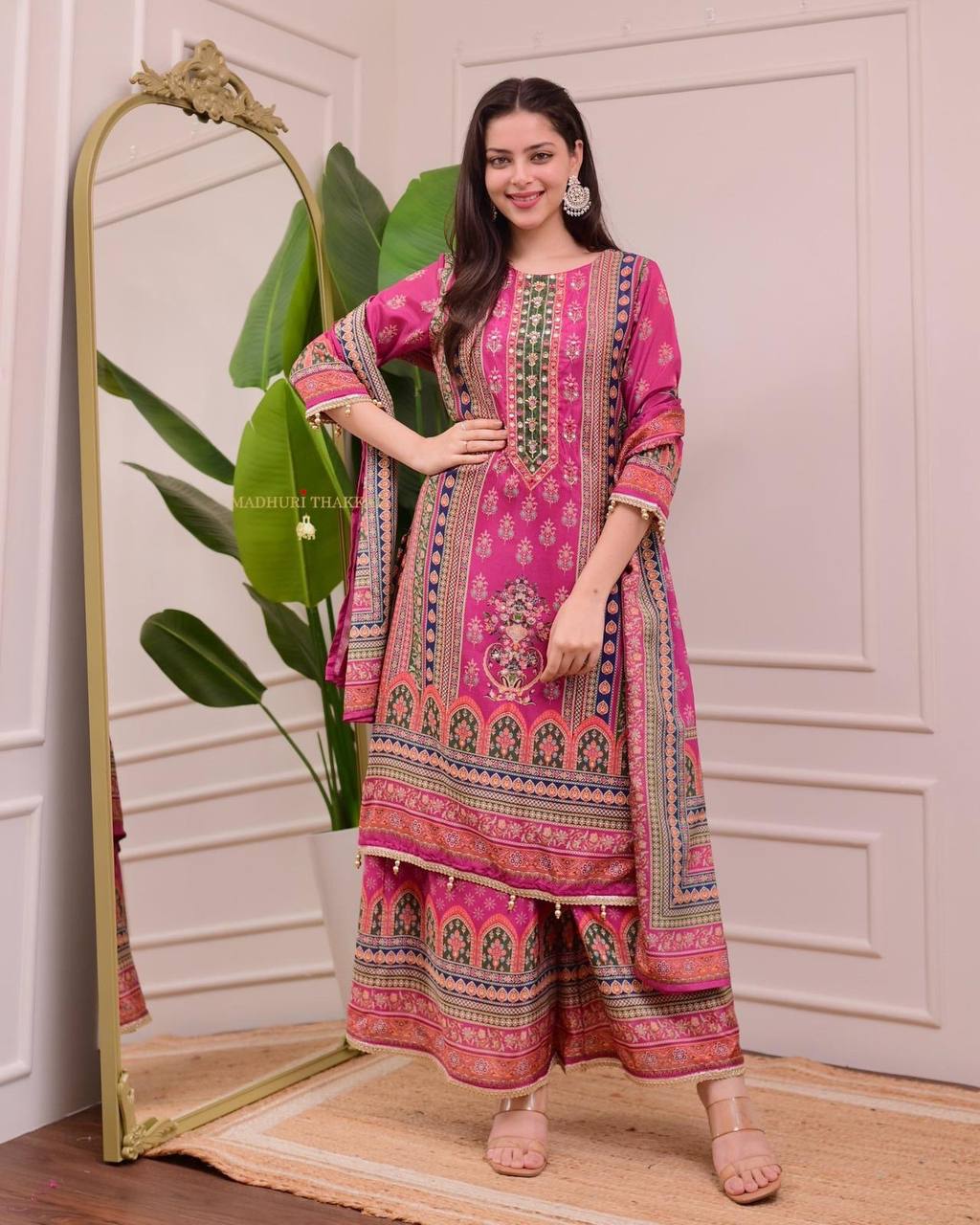 Pink Chinon Printed Kurti Set with Pant & Dupatta for Women