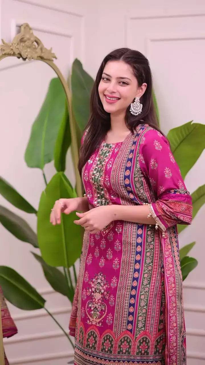 Pink Chinon Printed Kurti Set with Pant & Dupatta for Women