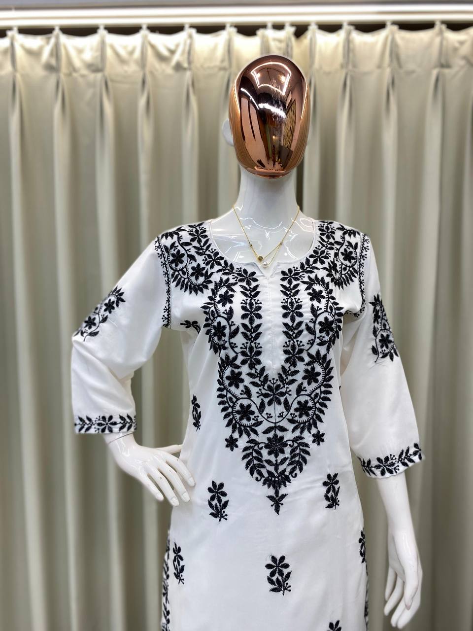 White & Black Maslin Embroidered Kurta Palazzo Set for Women